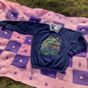 Vintage 80s grandma sweatshirt cottage Morning Sun navy blue floral |M-L| collar